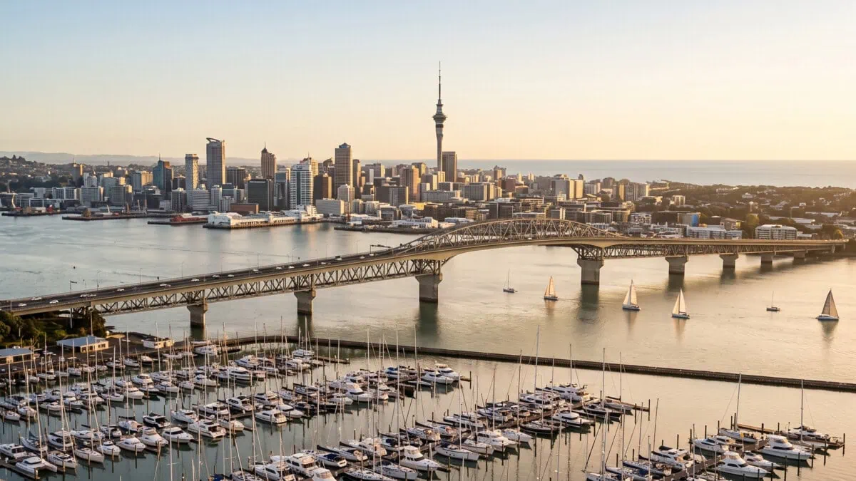 Auckland harbour and city at golden hour