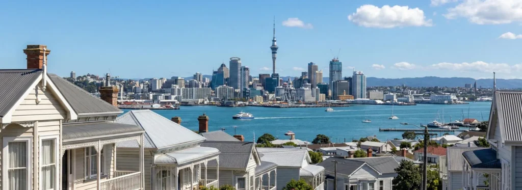 Auckland harbour view with villas and city skyline, residential property in New Zealand