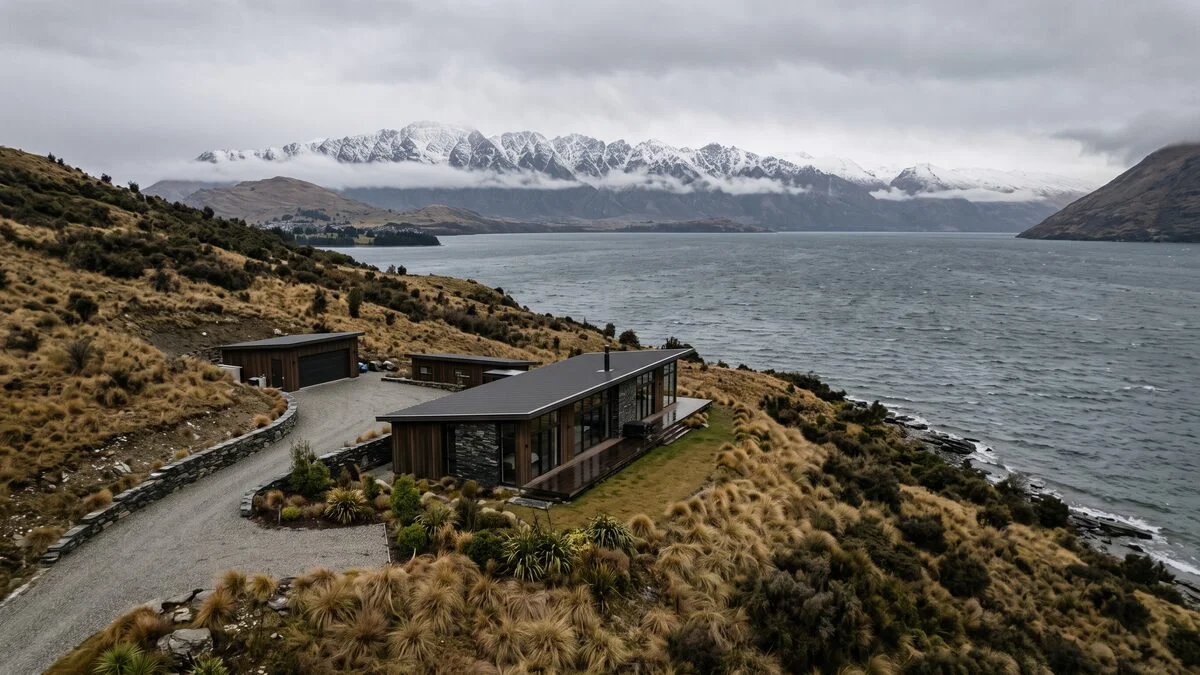 A lakefront estate on the shore of Lake Wakatipu, with the Remarkables beyond