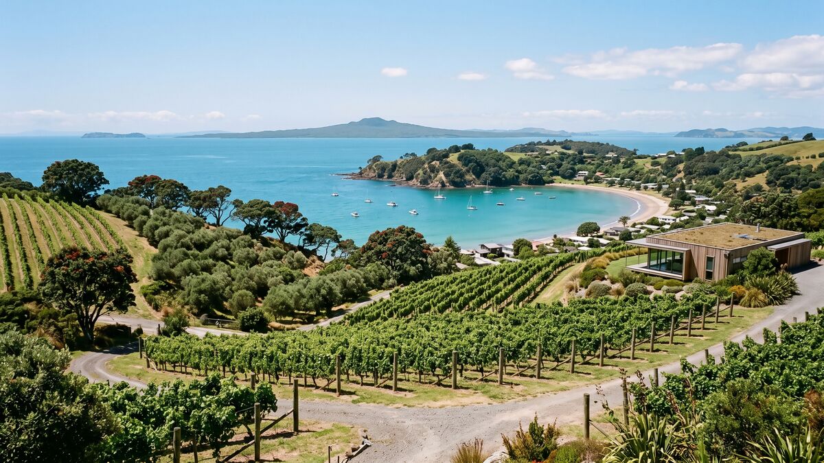Vineyards on Waiheke Island running down to a sheltered bay, with Rangitoto and the Hauraki Gulf beyond