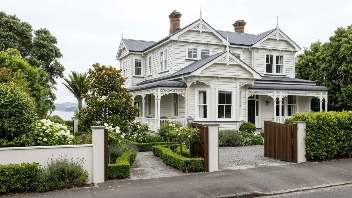 A restored two storey weatherboard villa with a wraparound verandah, seen from the street behind clipped hedging and open timber gates
