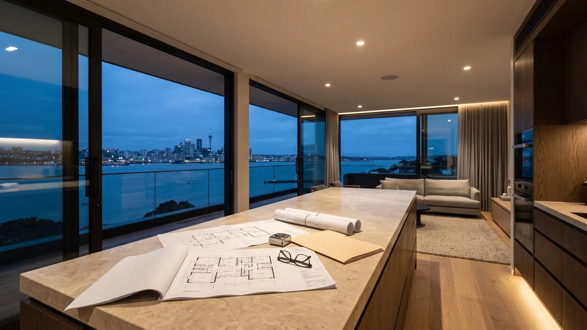 Architectural plans spread on the island of an Auckland home at dusk, looking across the harbour to the city